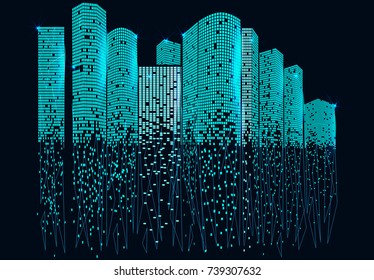 City scene on night time. Abstract image in the form of a starry sky or space, consisting of points, lines, and shapes in the form of planets, stars and the universe.