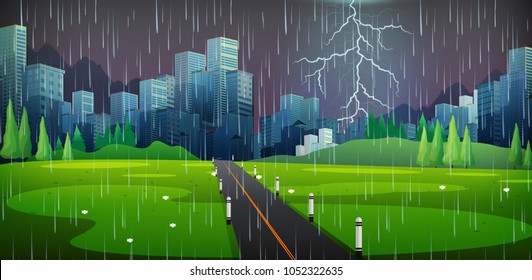 Escena de la ciudad en la ilustración nocturna de la tormenta eléctrica