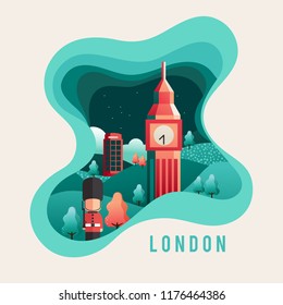 City Scene in Paper Cut Style : London : Vector Illustration