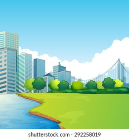 City scene with park and skyscrapers in the background