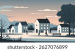 City scene with people in a flat vector style. Night city illustration. Panoramic view of a small town in the evening. 