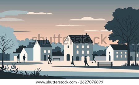 City scene with people in a flat vector style. Night city illustration. Panoramic view of a small town in the evening. 