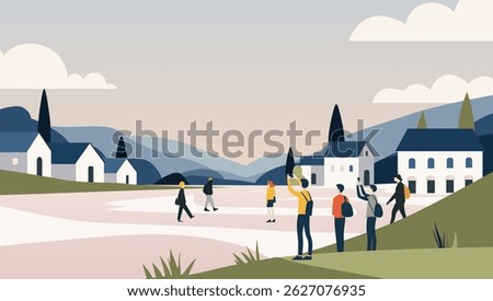 City scene with people in a flat vector style. Illustration of tourists on a tour. Panoramic view of a small town. 