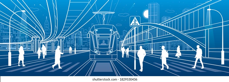 Escena de la ciudad, la gente camina por la calle, los pasajeros salen del tranvía, ciudad de la noche, autopista iluminada, puente de arco de transición al fondo. Paseo por carretera. Ilustración de la infraestructura de vector de contorno