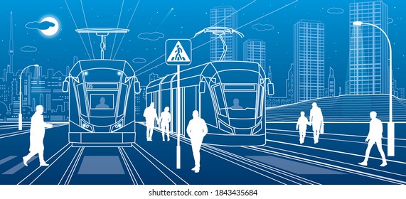 City scene, people walk down the street, passengers leave tram, night city, Illuminated highway, transitional arch bridge at background. Electric transport. Outline vector infrastructure illustration