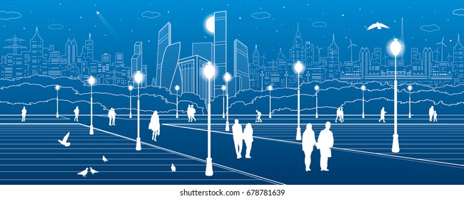 City scene, people walk on the square, city's skyline on background, street life, night town, vector design art