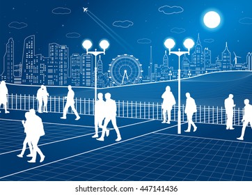 City scene, people walk in the park, street life, ferris wheel, night town on background, vector design art