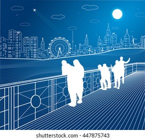 City scene, people watching from the bridge to the city's skyline, street life, ferris wheel, night town in background, vector design art