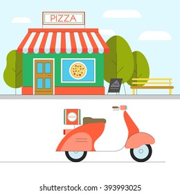 City scene: Pizza restaurant and shop, trees, bench, scooter, pizza delivery. Editable vector illustration in flat style for your web design and print brochures
