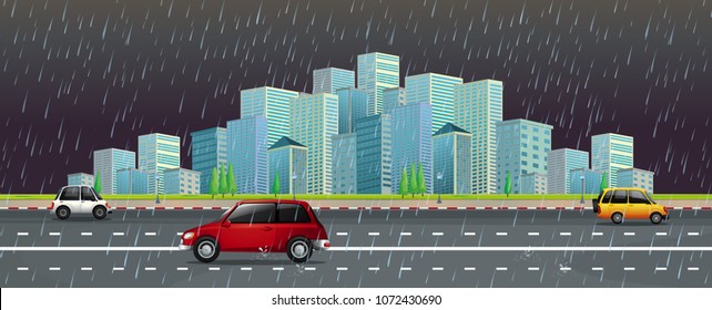 City scene in the rain at night illustration