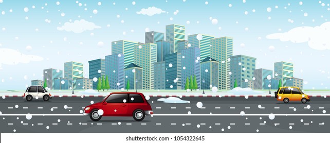 City scene with snow falling on the road illustration