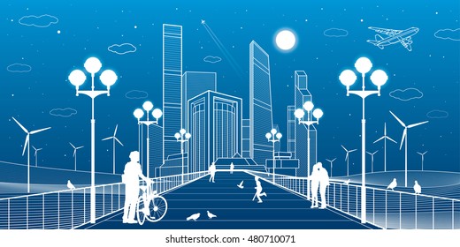 City scene. Street lights. Business center, skyscrapers and towers. Infrastructure illustration, futuristic town, wind turbines, airplane fly, people walking on bridge. White lines, vector design art