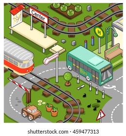 City scene with streetcar, bus, car and tram stop city center (isometric illustration)