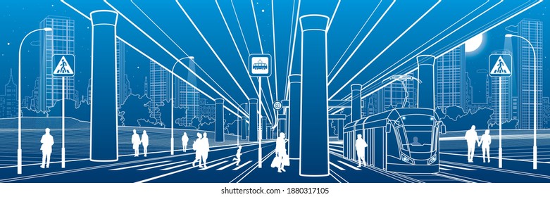 City scene. Urban environment. Automobile bridge, overpass. Tram rides. People walking at street. Night city on background. Electric transport. Outline vector infrastructure illustration. White lines 