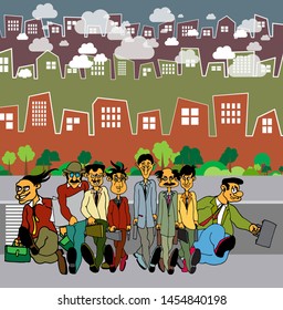 City scene witch cartoon characters - vector background