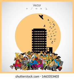 City scene witch cartoon characters - vector background