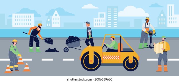 City Scenery With Road Construction Workers Paving Asphalt Highway Flat Vector Illustration. Cityscape With Road Workers Working With Compactor Or Asphalt Roller.