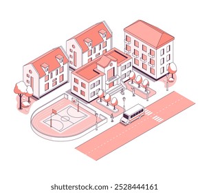 Stadtschule und Mehrfamilienhäuser - Vektorgrafik. Die Gegend der Stadt, in der Kinder studieren gehen. Der Bus brachte Schulkinder zum Unterricht, September und Bildungsidee