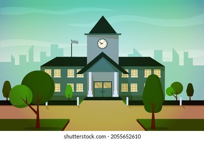 Ilustración de vectores de aprendizaje en la construcción de la escuela urbana