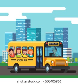 City school bus driver riding urban road with kids. Town skyline background. Colorful flat style cartoon vector illustration.