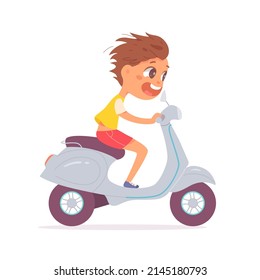 City scooter fun ride for boy vector illustration. Cartoon funny cute kid riding motorcycle on street or lane road, happy little child motorcyclist driving motor transport isolated on white