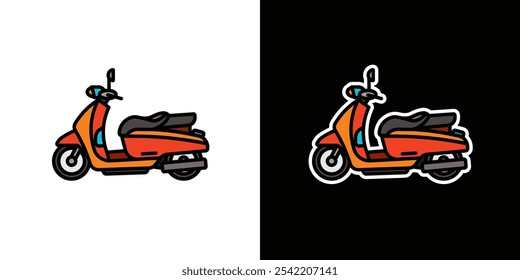 Scooter de cidade no fundo branco e preto. Ilustração vetorial original em estilo vintage. Desenhado à mão, não com IA