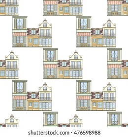City seamless pattern can be used for wallpaper, website background, wrapping paper. Hand drawn pattern is repetitive texture with houses. City landscape bright pattern. Urban design.