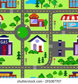 City seamless pattern in colors with trees is repetitive texture with hand drawn houses. Illustration is in vector mode.
