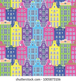 City seamless pattern with hand drawn traditional european houses. Vector illustration.