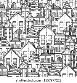 Patrón sin problemas de la ciudad. Mano dibujó casas blancas y negras. Ilustración vectorial.