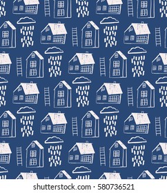 City seamless pattern with hand drawn houses.  Seamless background with sketchy house and cloud rain . The image is made in the style of hand-made, bright, simple. 