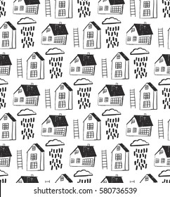 City seamless pattern with hand drawn houses.  Seamless background with sketchy house and cloud rain . The image is made in the style of hand-made, bright, simple. 