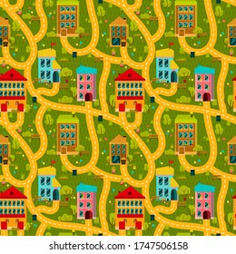 City seamless pattern with houses and roads. Map of the settlement, travel. Street with greenery, buildings, benches, flowers. Isolated flat vector