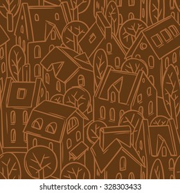 City seamless pattern with houses, trees and roofs in linocut or woodcut style