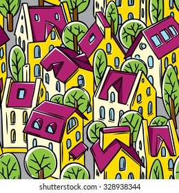 City seamless pattern with houses, trees and roofs in autumn