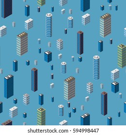 City seamless pattern. Isometric buildings 3d low poly. Vector illustration. Abstract wallpaper.