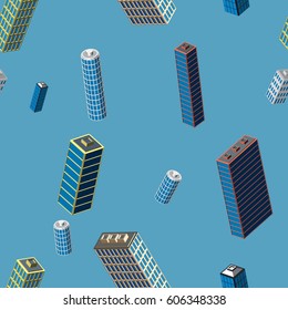City seamless pattern. Isometric buildings 3d low poly. Vector illustration. Cartoon style