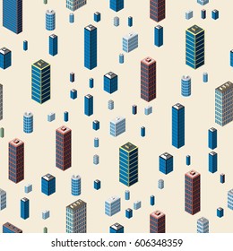 City seamless pattern. Isometric buildings 3d low poly. Vector illustration. Abstract wallpaper.