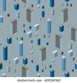 City seamless pattern. Isometric buildings 3d low poly. Vector illustration. Abstract wallpaper.