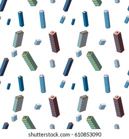 City seamless pattern. Isometric buildings 3d low poly. Vector illustration. Cartoon style