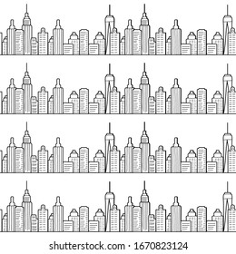 City seamless pattern with line drawing of high buildings or skyscrapers. Manhattan. New York. Black and white repeat background. Urban sketch. Vector illustration.