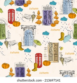 City. Seamless pattern with old doors, clouds, rain, pumpkins, telephone booth, rubber boots, bench  in vintage style. Autumn. Season of rains.