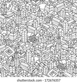 City seamless pattern is repetitive texture with hand drawn houses. Illustration is in eps8 vector mode.