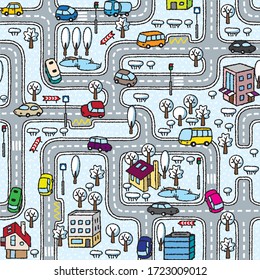 City seamless pattern. Roads, cars, grass areas background