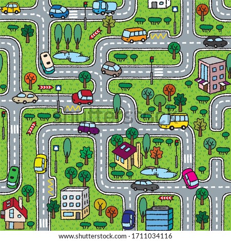 City seamless pattern. Roads, cars, grass areas background