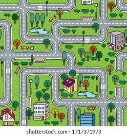 City seamless pattern. Roads with grass areas background