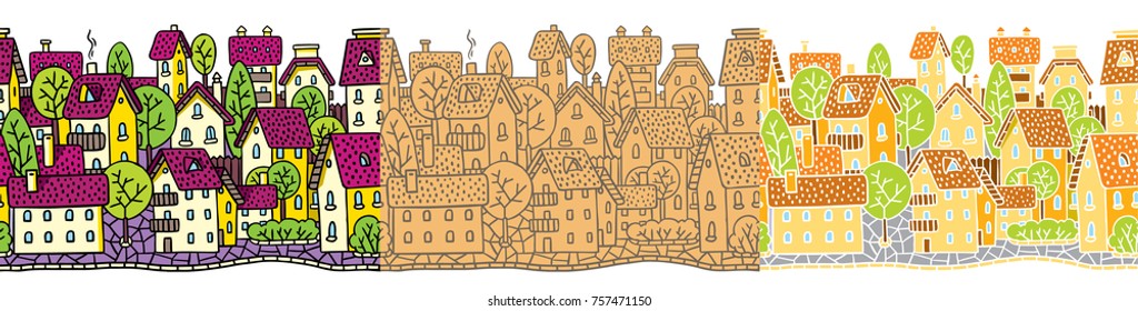 City seamless pattern set with houses and roofs