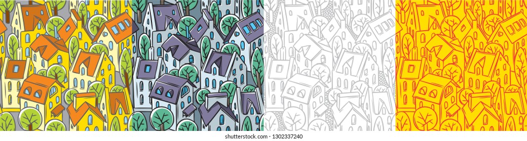 City seamless pattern set with roofs and trees