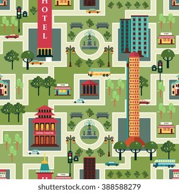 City seamless pattern with urban infrastructure on green background vector illustration