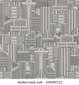 City seamless pattern. Vector background of buildings and skyscrapers. Texture of metropolis of gray